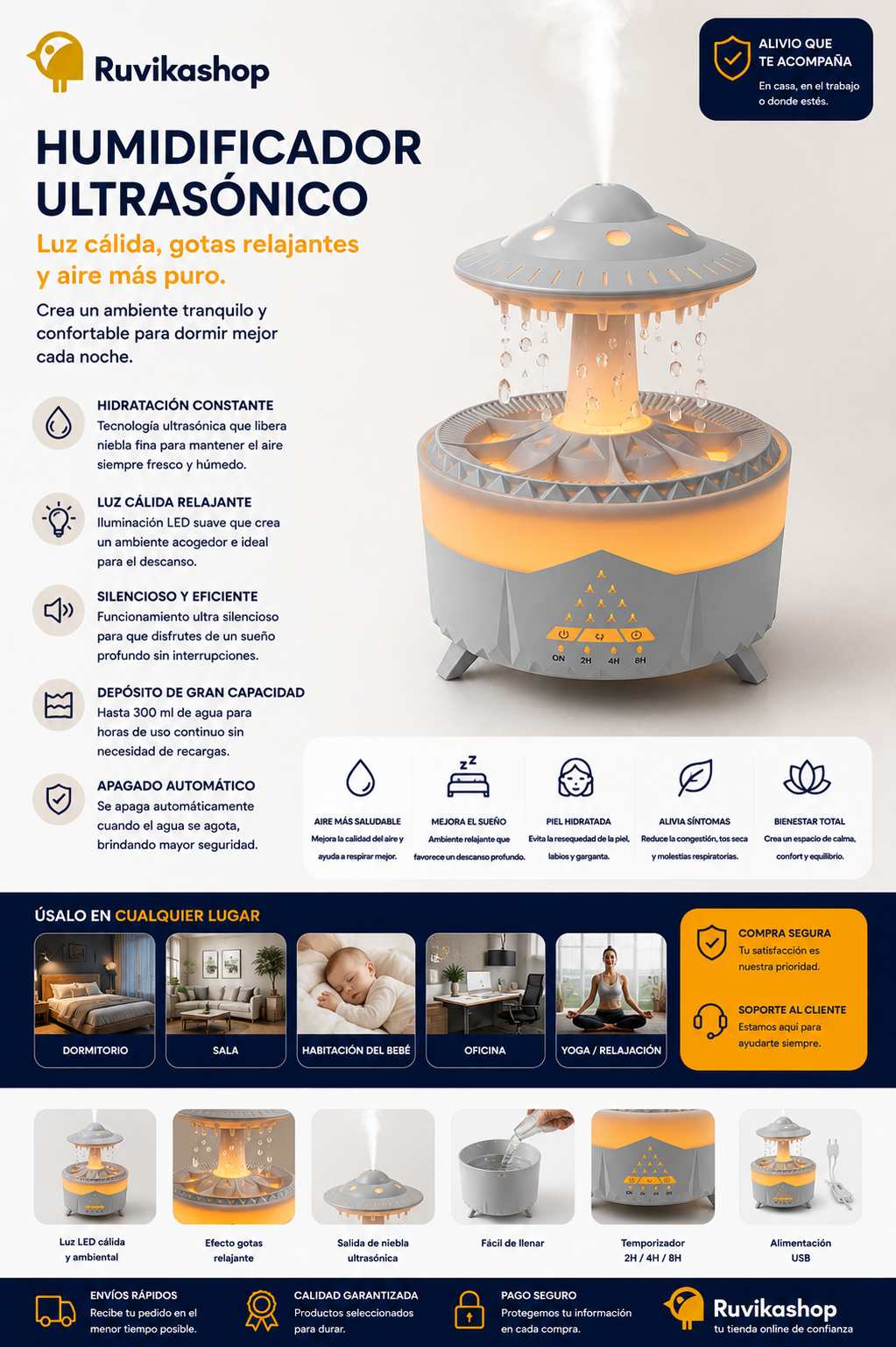 Humidificador Ufo Con Gotas y Luces