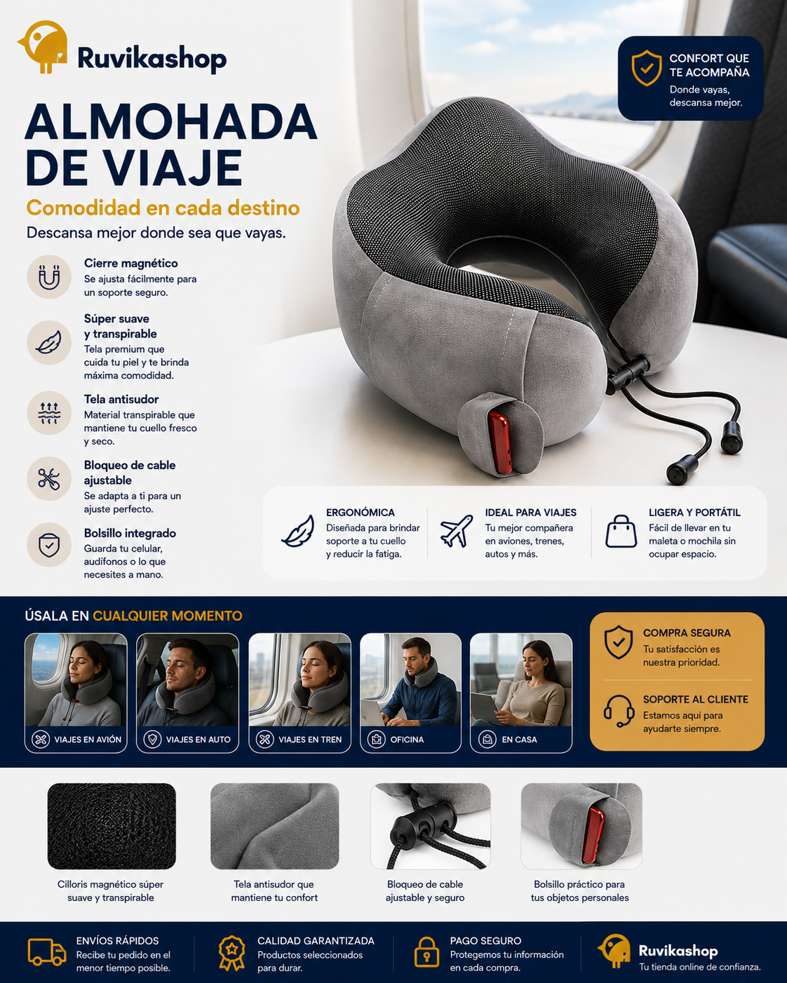 Almohada de viaje para el cuello, gris