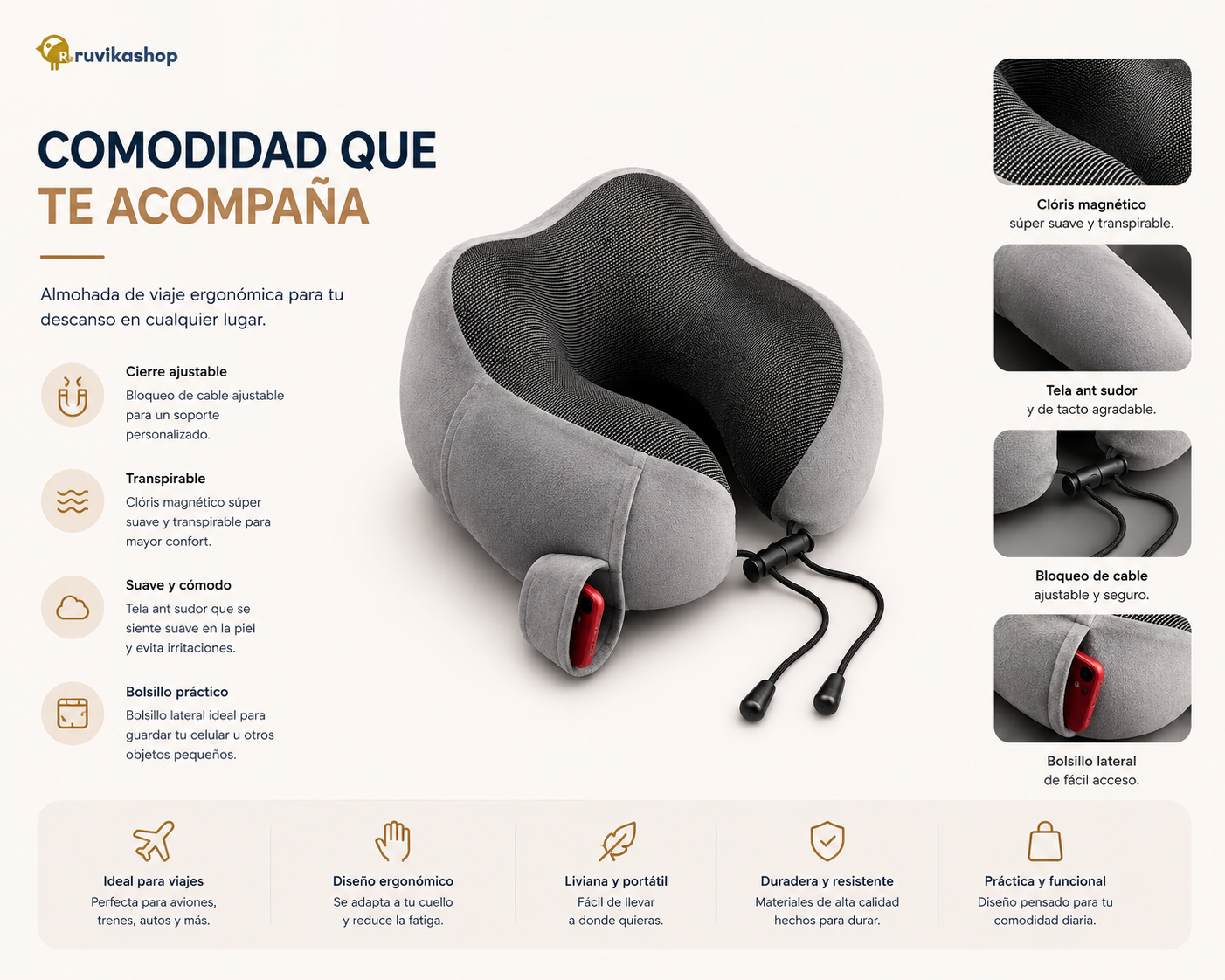 Almohada de viaje para el cuello, gris