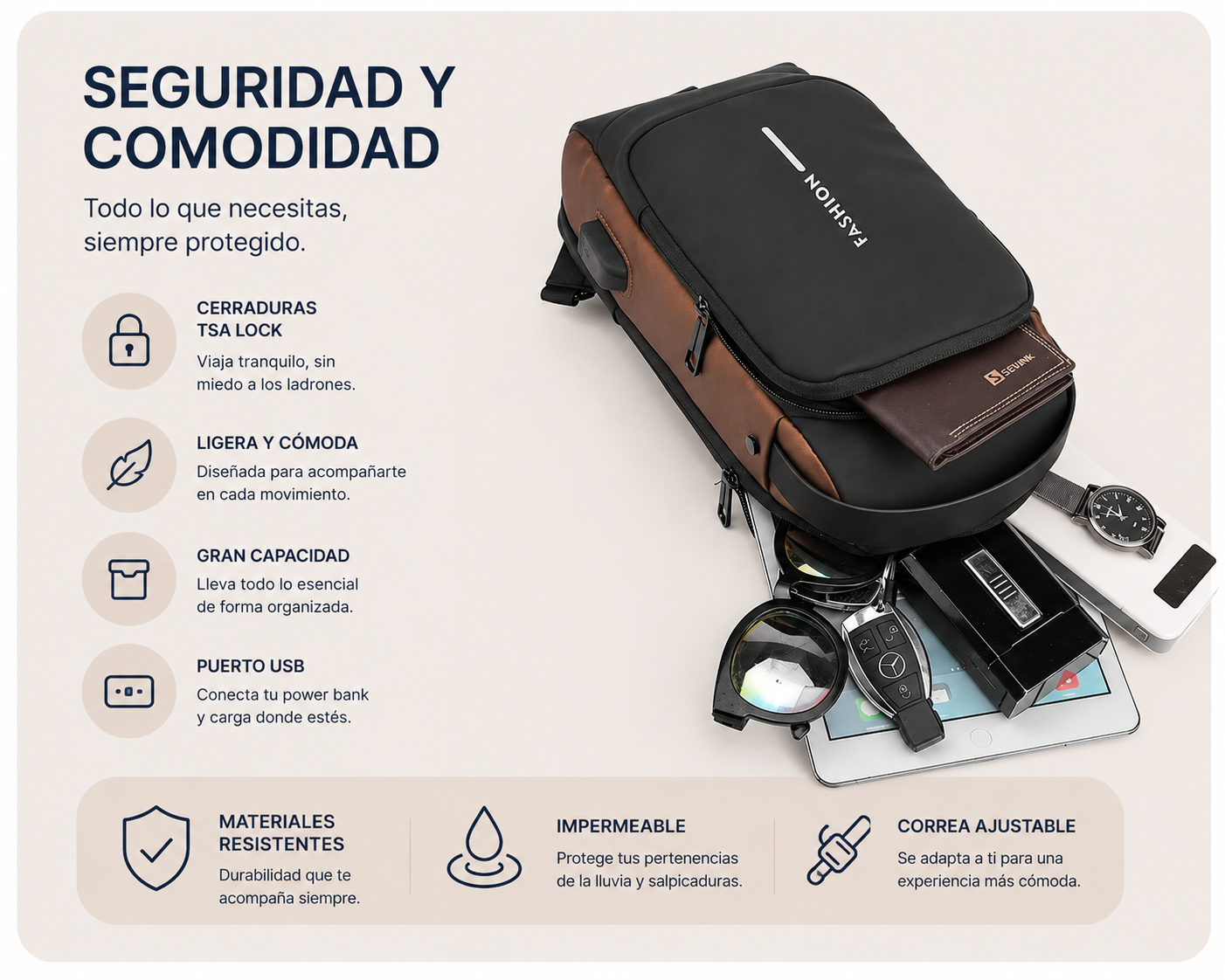 Bolso Bandolera Antirrobo Impermeable